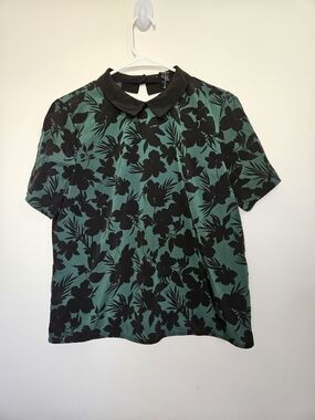 FOREVER 21 Green Black Floral Short Sleeve Blouse Peter Pan Collar M